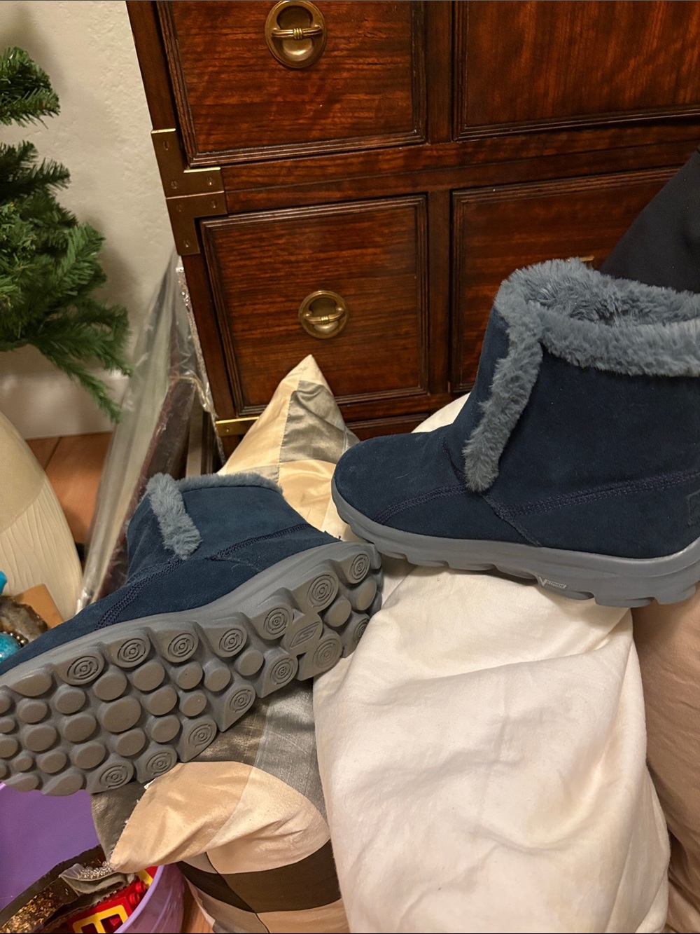 Plush-Lined Navy Suede Ankle Booties